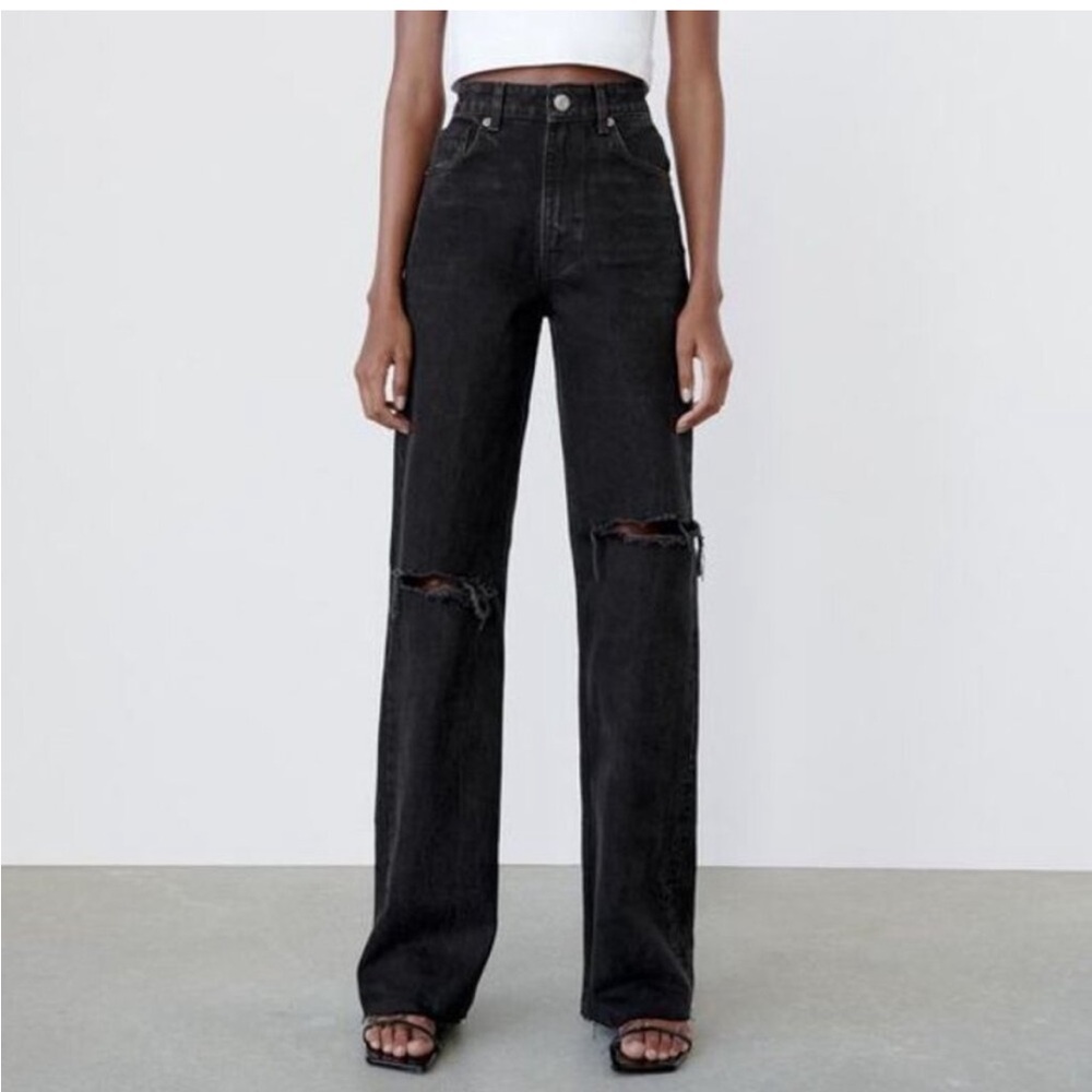 Zara black denim high rise wide leg distressed jeans 4 Long